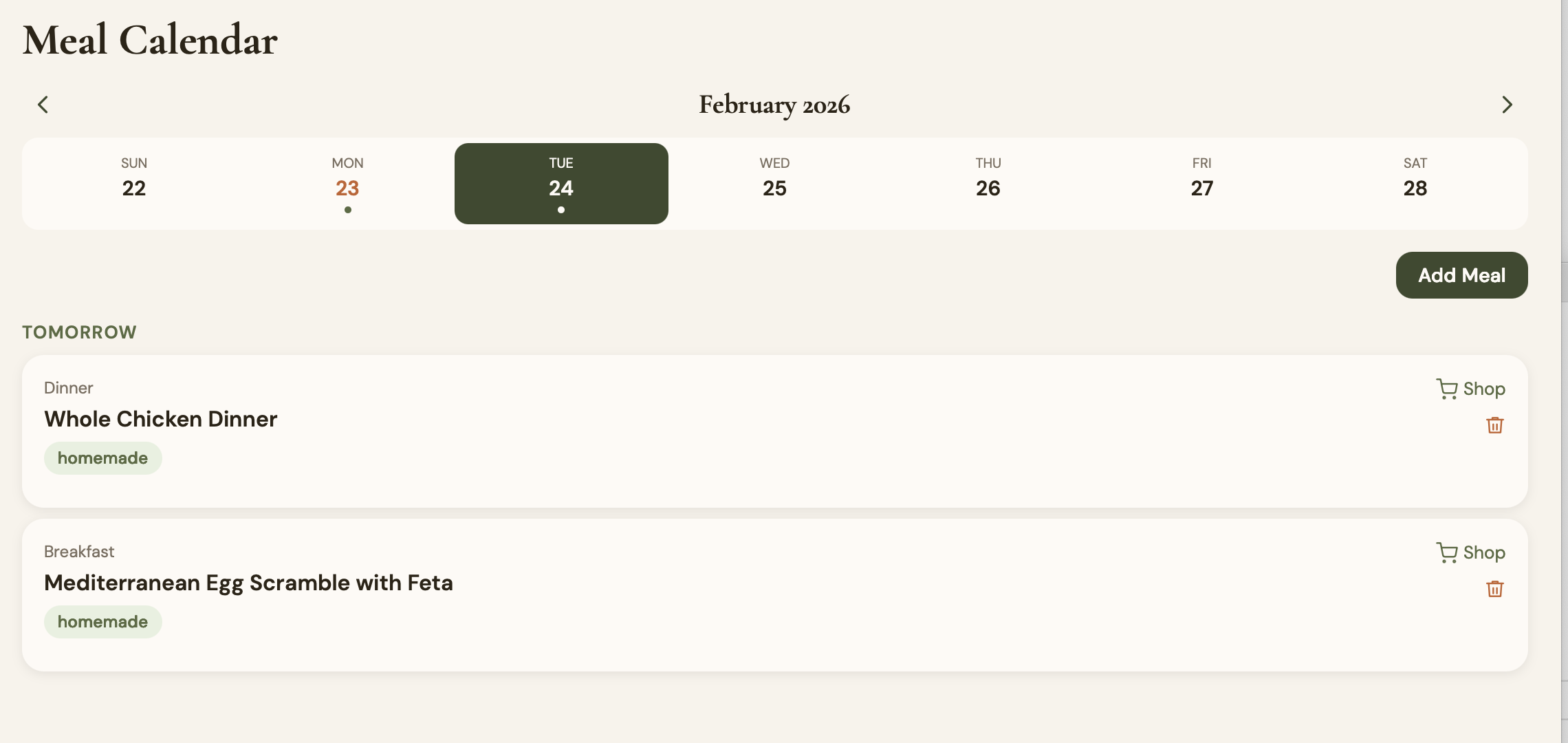 Weekly meal calendar view